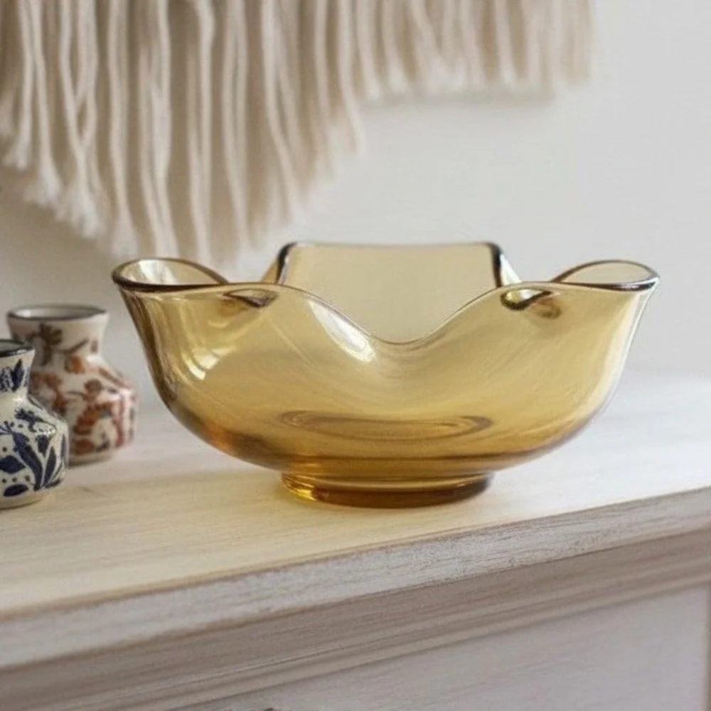 Anchor Hocking Harvest‎ Gold Trinket Bowl, Vintage Amber Honey Dish, Wavy Edges
